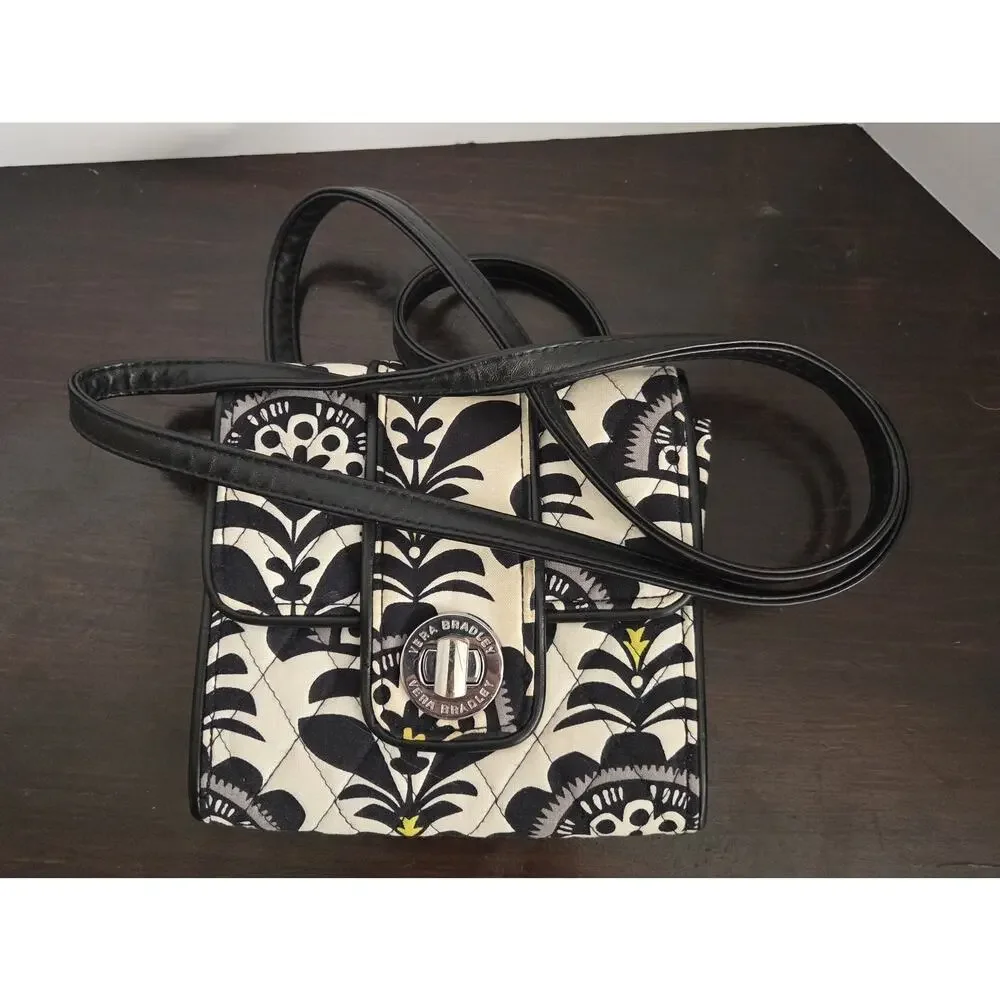 Vera Bradley Petite Crossbody Purse Fanfare Black White Strap Yellow Mini 6x6 In